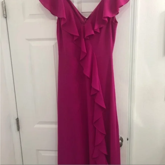 Badgley Mischka Pink Fuchsia V-Neck Ruffles Chiffon Formal Gown Size 2 - Picture 3 of 4